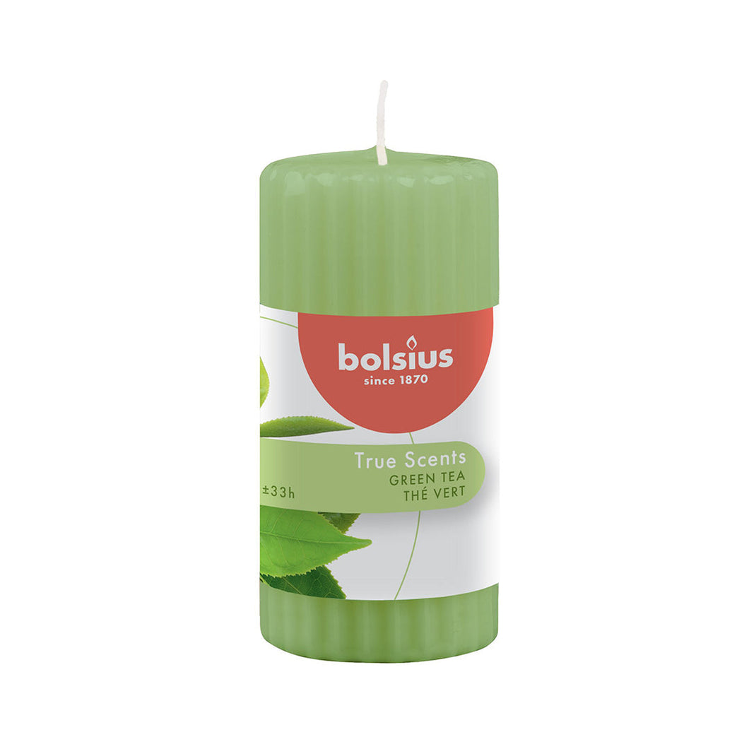 Bolsius True Scents Green Tea Ribbed Pillar Candle 12/58mm, Scented