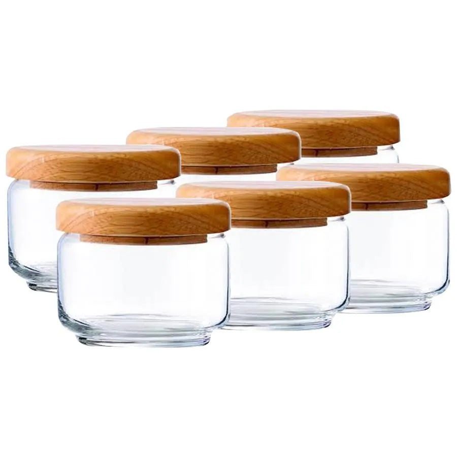 Ocean Glassware Set of 6 Wooden Pop Jars with White Plastic Lids - 500 ml
