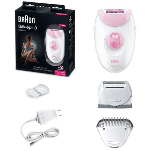 Braun Silk-√âpil 3 Epilator, Pink with 2 Extras including Shaver Head & Trimmer Cap