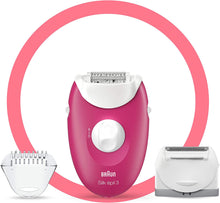 Load image into Gallery viewer, Braun Silk-√âpil 3 Epilator, Raspberry Pink with 3 Extras including Shaver Head, Trimmer Cap &amp; Massage Rollers
